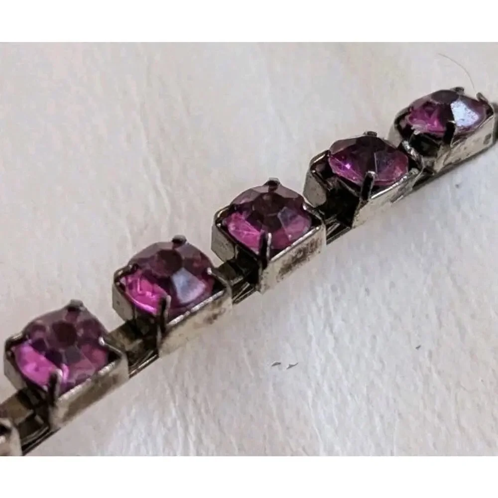 Vtg Pink Purple Rhinestone Bar Pin Hair Clip Czech Glass Silver Tone Prong Set